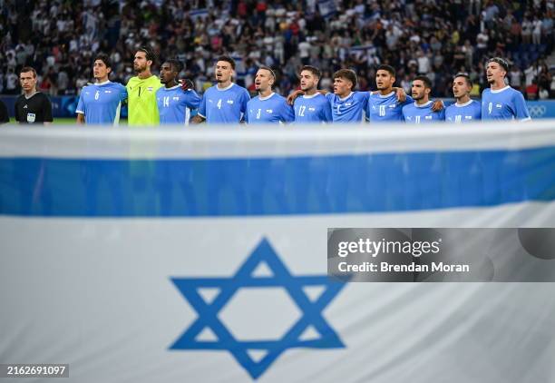 Paris , France - 24 July 2024; The Israel team stand for the national anthem before the Men's Football Pool D match between Team Mali and Team Israel...