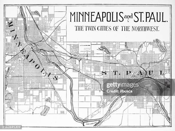 antique map of minneapolis and st paul (1899) - minneapolis stock illustrations