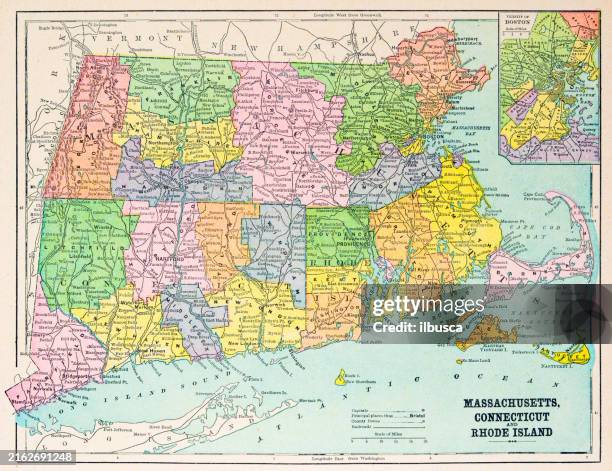 antique map of massachusetts, connecticut, rhode island (1899) - massachusetts stock illustrations