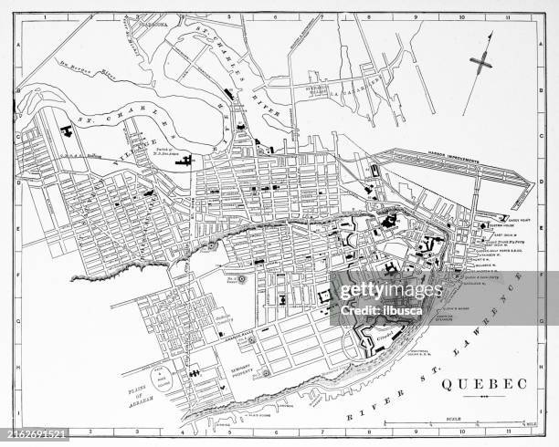 antique map of quebec city (1899) - quebec city stock illustrations