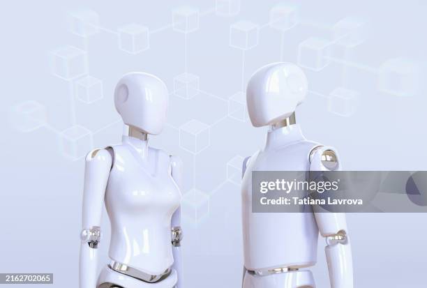 two androids communicating. female and male robots standing facing each other on light blue background with copy space. ai development theme. cgi, 3d render - rpa stock pictures, royalty-free photos & images