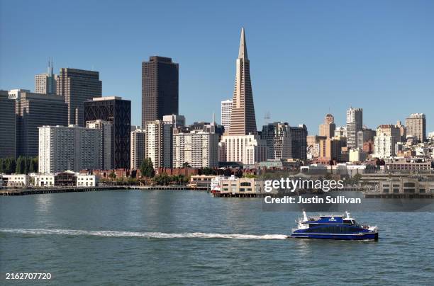 In an aerial view, the San Francisco Bay Ferry MV Sea Change navigates the San Francisco Bay on July 19, 2024 in San Francisco, California. The San...