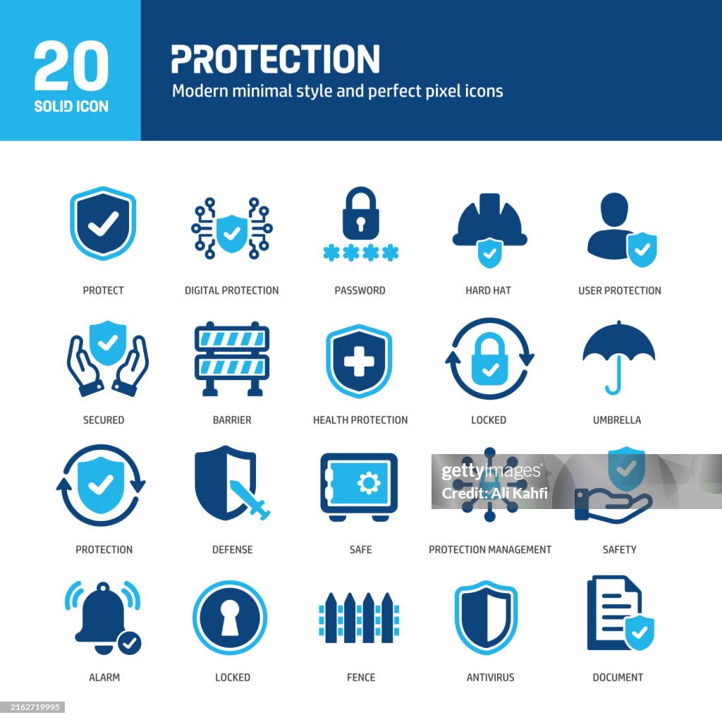 Iconos sólidos de glifo de protección. Contiene seguridad, protección, defensa colección de iconos sólidos. Ilustración vectorial. Para diseño de sitios web, logotipos, aplicaciones, plantillas, interfaz de usuario, etcétera.