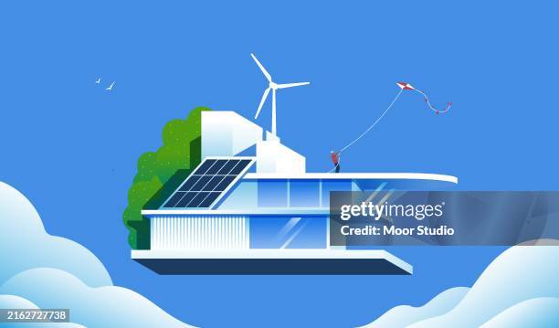flying autonomous house concept illustration - carbon offset stock illustrations