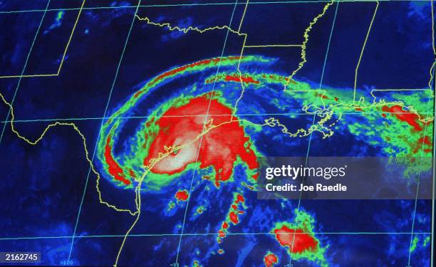 Radar image of Hurricane Claudette is seen as it nears landfall in Texas at the National Hurricane Center July 15, 2003 in Miami. Claudette was...