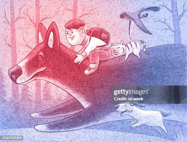 schoolboy riding on big wolf running with pets - person running with dog drawing stock illustrations