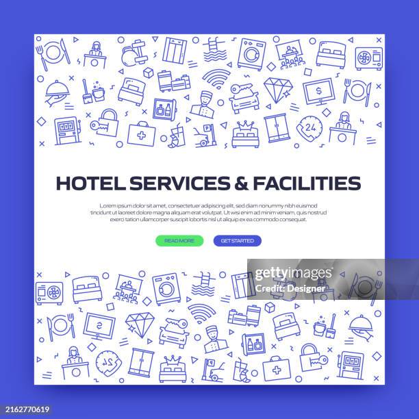 hotel services and facilities related line style banner design for web page, headline, brochure, annual report and book cover - concierge stock illustrations
