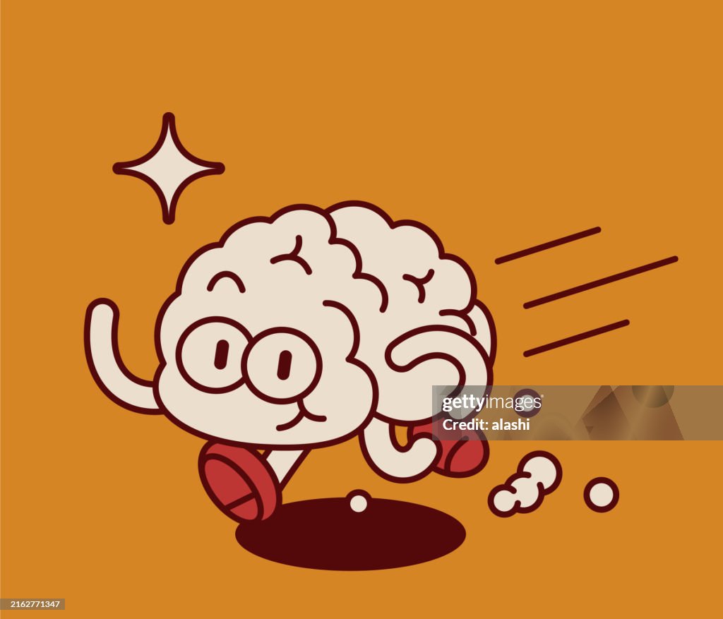 A cute anthropomorphic Brain Man is running, looking at the viewer, and greeting happily