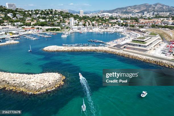 An aerial view of the Roucas Blanc Marina three days before the sailing competition of the Paris 2024 Olympic Games on July 25, 2024 in Marseille,...
