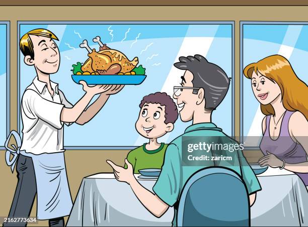 family lunch, roast chicken - thanksgiving dressing stock illustrations