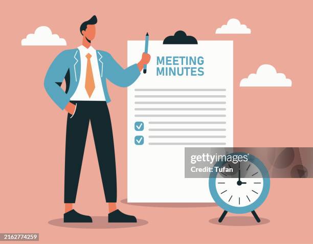 ilustrações de stock, clip art, desenhos animados e ícones de businessman writing meeting minutes with document and alarm clock - vector illustration for effective note-taking and time management - ponteiro dos minutos
