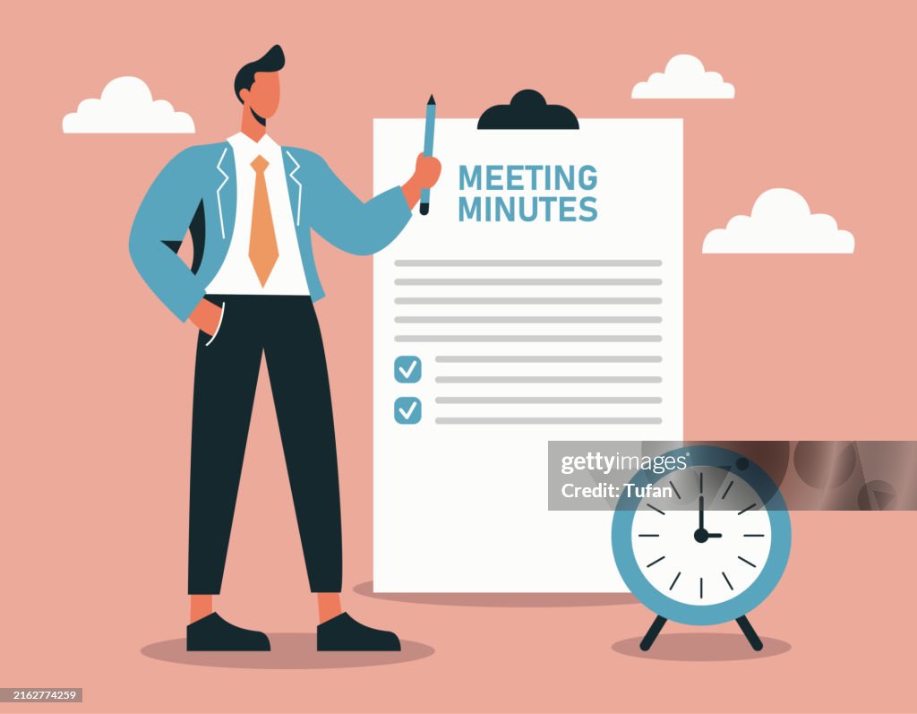 Businessman Writing Meeting Minutes with Document and Alarm Clock - Vector Illustration for Effective Note-Taking and Time Management
