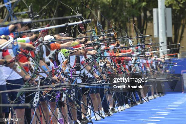 Athletes compete in the qualification round of individual archery in Paris, France on July 25, 2024.