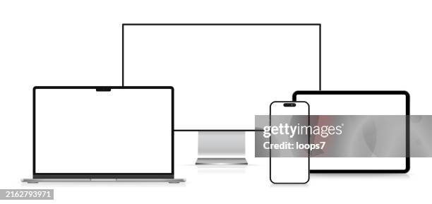 digital tablet, smart phone, notebook, and computer display vector mockup - macbook laptop white background stock illustrations