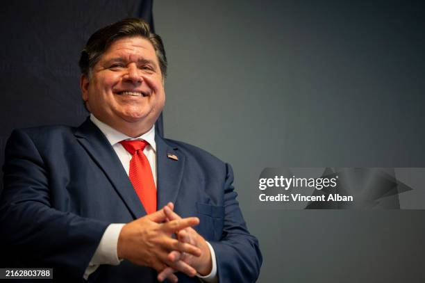 Illinois Governor JB Pritzker smiles during a 2024 United States Secret Service Democratic National Convention security briefing on July 25, 2024 in...