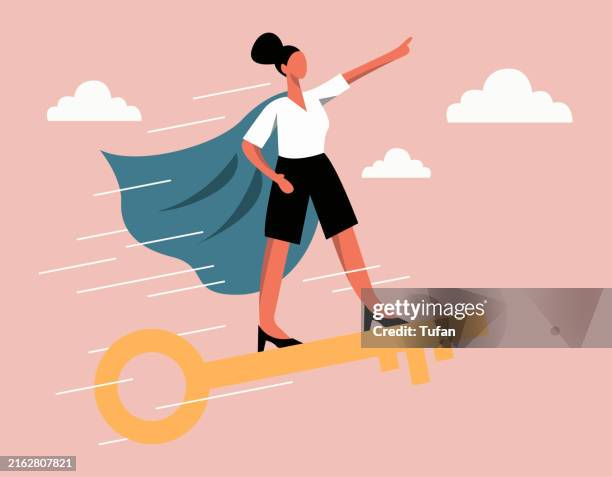 key to unlock true potential for business or career success: businesswoman riding gold key towards bright future and new opportunities - confidence stock illustrations