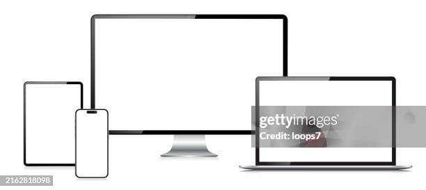 digital tablet, smart phone, notebook, and computer display vector mockup - macbook laptop white background stock illustrations