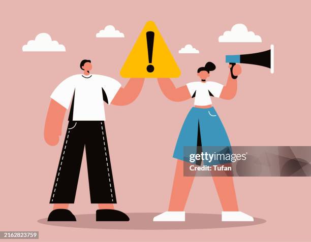 important announcement and warning concept: man holding warning sign and woman with megaphone, urgent message or alert notification - mistake stock illustrations