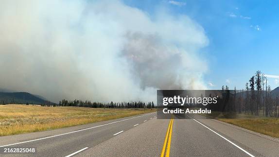 Smoke rises as wildfires continue growing in Jasper National Park, Alberta, Canada on July 24, 2024.