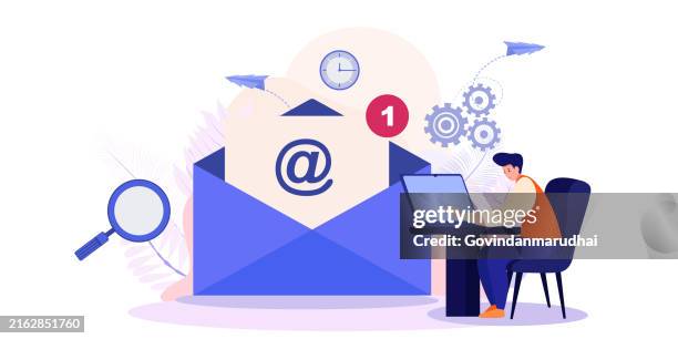 ilustrações de stock, clip art, desenhos animados e ícones de man checking mail concept. business man vector illustration. working process, new email message, mail notification. social network, searching mail, new incoming message, mail sending. - enviar