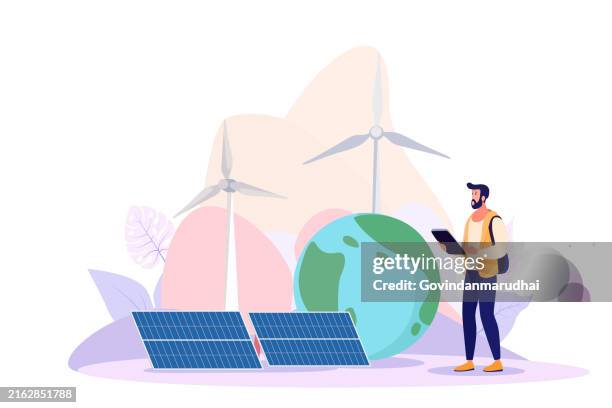environmental care and use clean green energy from renewable sources and low carbon concept, wind power generators or turbine farm and solar cells panels, power generation industry - sort sol stock illustrations