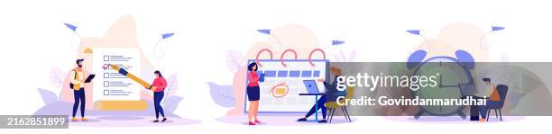 business management illustration set. characters planning schedule, managing work time, filling check list. time management and schedule organization concept. - collect icon stock illustrations