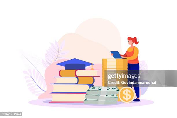 ilustraciones, imágenes clip art, dibujos animados e iconos de stock de inversión en educación estudiantil. beca de dinero universitario, plan de ahorro financiero estudiantil, costos de préstamos de estudio, crédito escolar y concepto de pago de conocimiento de deuda - pago de matrícula