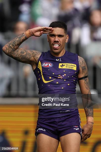 Michael Walters of the Dockers celebrates a goal during the round 19 AFL match between Fremantle Dockers and Melbourne Demons at Optus Stadium, on...