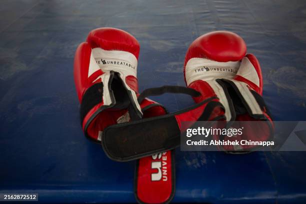 Boxing gloves are left to air after a sparring bout at the Sher-E Punjab Sports Academy on July 18, 2024 in Chakar village, Punjab state, India. As...
