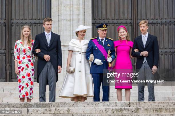 Princess Eleonore, Prince Gabriel, Queen Mathilde, King Philippe, Princess Elisabeth and Prince Emmanuel of Belgium attend the Te Deum mass on the...