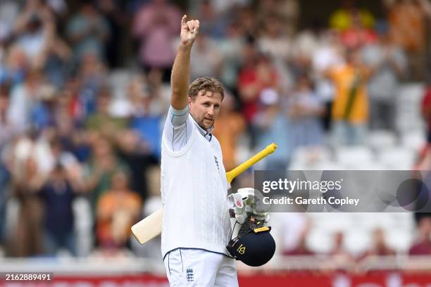 Joe Root of England celebrates reaching his century during day three of the 2nd Test Match between England and the West Indies at Trent Bridge on...