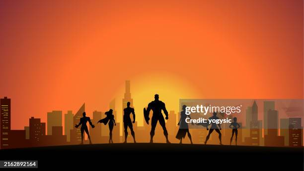 stockillustraties, clipart, cartoons en iconen met vector superhero team silhouettes in a city at dusk stock illustration - superheld