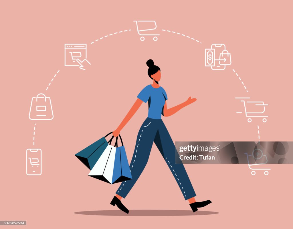 Omnichannel Marketing and Seamless Shopping Experience: E-commerce, Online and Offline Retail Integration Concept, Woman Shopping with Multiple Bags, Representing Customer Journey Across Various Platforms