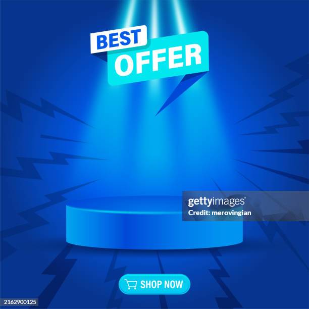 produktdisplay auf bühnenpodest mit verkaufsförderung - siegerpodest stock-grafiken, -clipart, -cartoons und -symbole