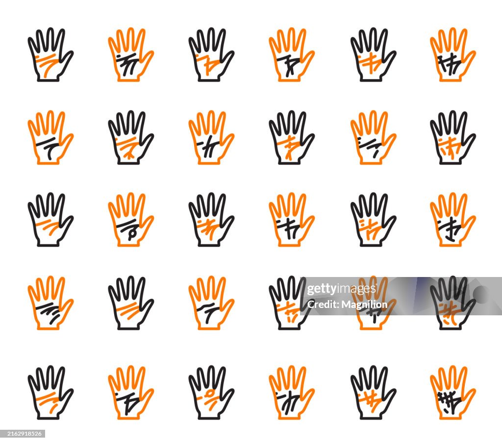 Palmistry Line Icons Set Editable Stroke, Palm Reading und Wahrsagerei Umrisssymbole in Schwarz und Orange für mystische Projekte