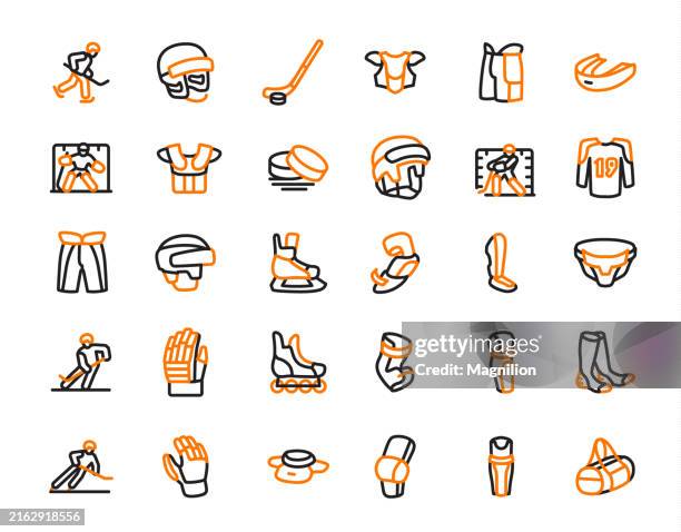 hockey equipment and accessories for sports applications, line icons set, editable stroke - ice hockey helmet stock illustrations