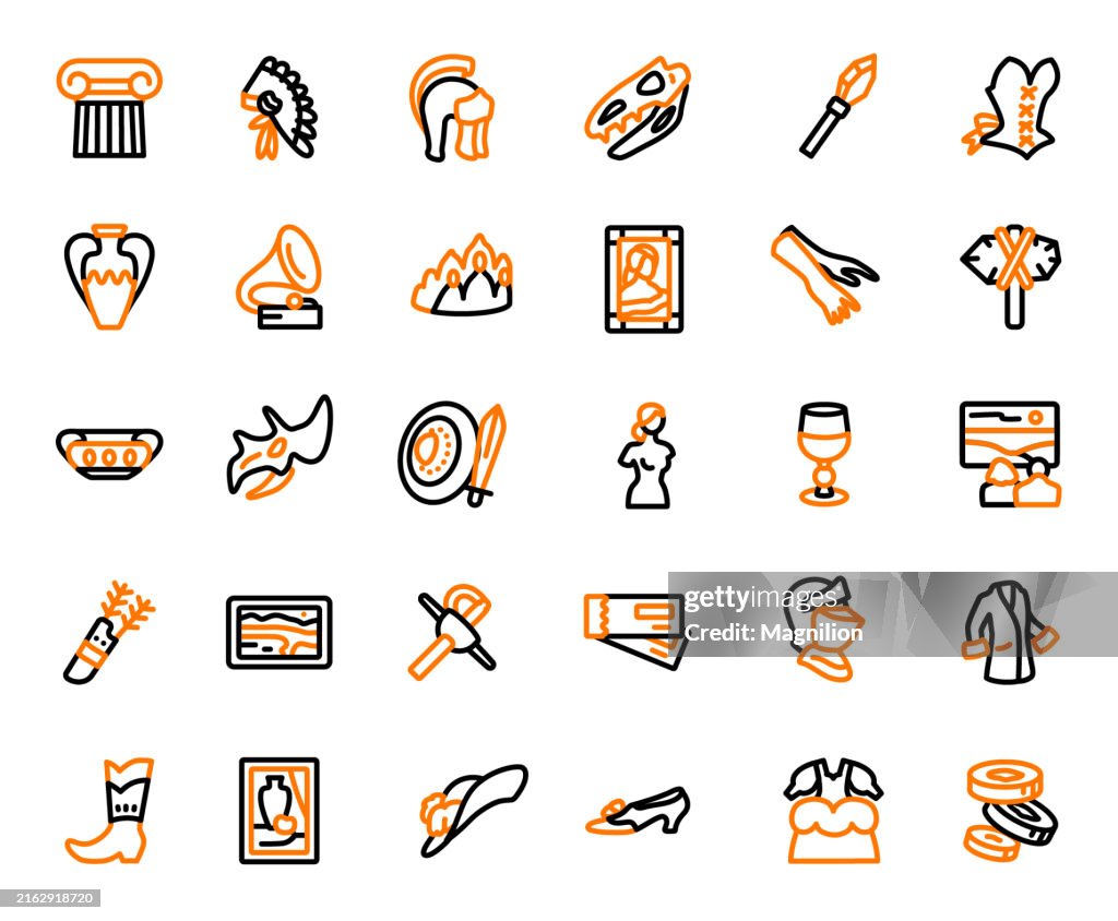 Conjunto de iconos de línea de museos, artefactos históricos y artículos culturales, trazo editable