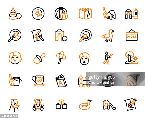 children's activities and education line icons set, editable stroke, vector illustration - reading and writing icon stock illustrations