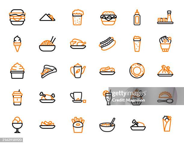 food and beverage line icons, set of 30 vector food and drink symbols in black and orange, fast food thin line icons set editable stroke - chicken nugget stock illustrations