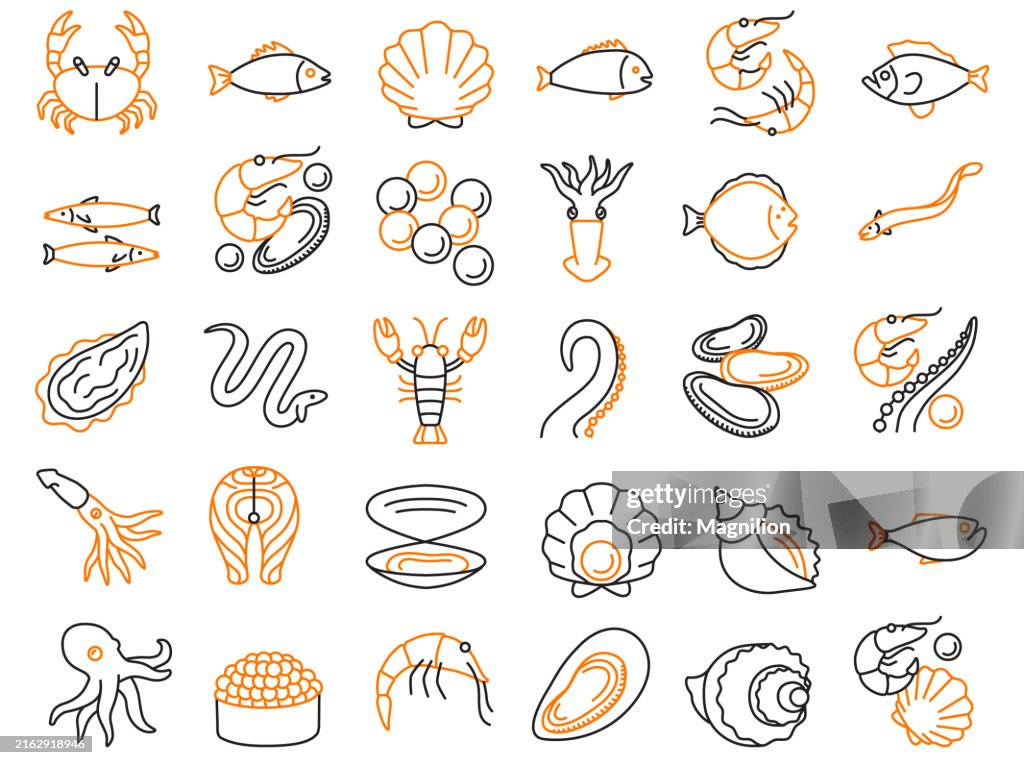 Seafood Line Icons Set in Black and Orange, Editable Stroke, Vector Illustration