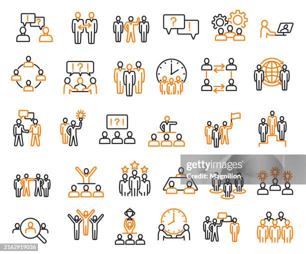 business meeting and collaboration line icons set in black and orange, editable stroke, vector illustration - person searching icon stock illustrations