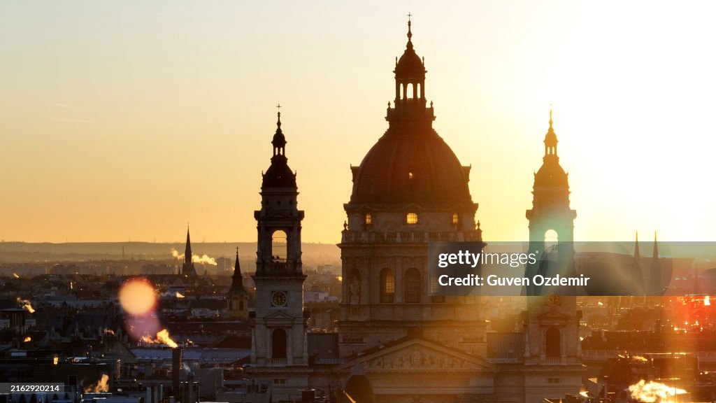 Aerial view of the famous St. Stephen's Basilica in Budapest at sunrise