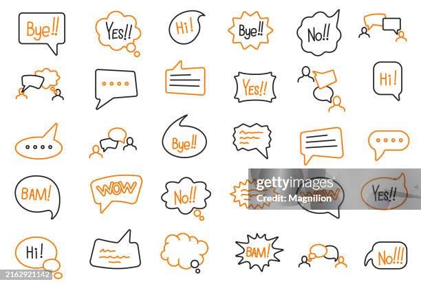 speech bubble line icons set in black and orange, editable stroke, vector illustration - exclamation bubble stock illustrations