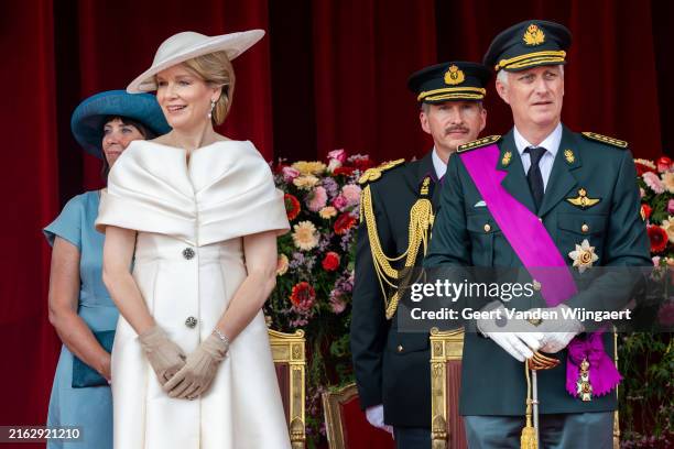 Queen Mathilde and King Philippe of Belgium attend the military and civil parade during the Belgian national day on July 21, 2024 in Brussels,...