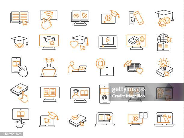 e-learning and online education icon set in black and orange, editable stroke, vector illustration - reading and writing icon stock illustrations