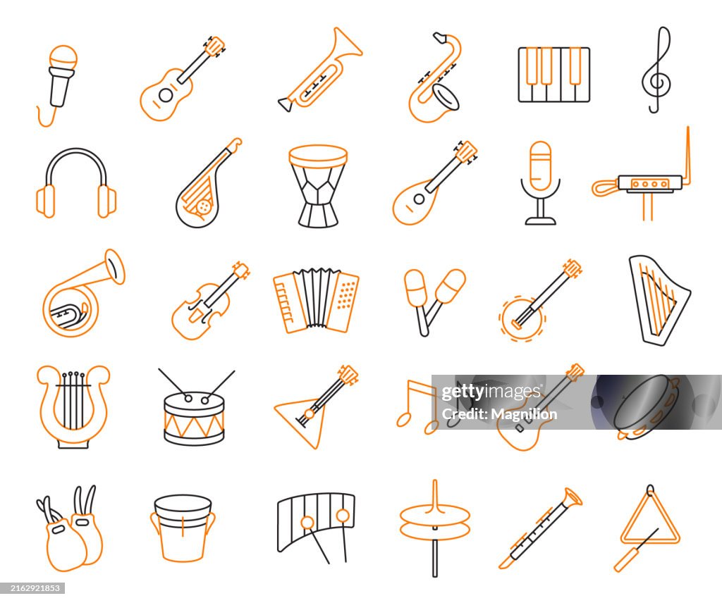 Musical Instruments Icons Set Editable Stroke, Music and Instruments Outline Icons in Black and Orange for 51³Ô¹ÏÍø Projects