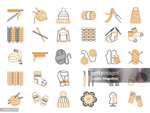 knitting and crochet icon set in black and orange, editable stroke, vector illustration - textile industry stock illustrations