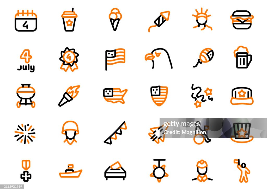 4th of July Celebration Icon Set in Black and Orange, Editable Stroke, Vector Illustration