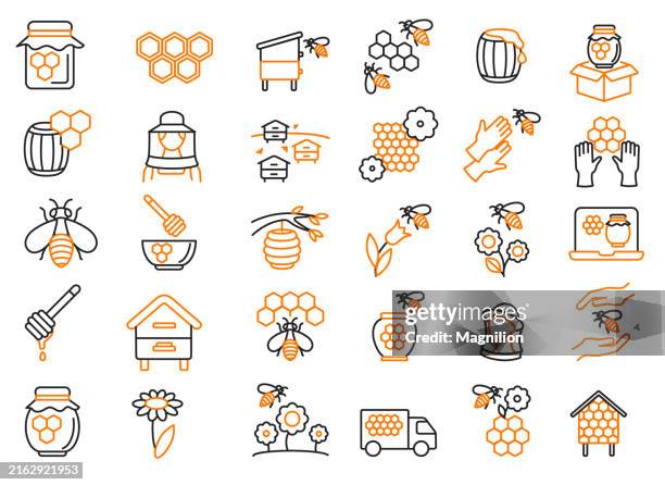 beekeeping and honey icons set in black and orange, editable stroke, vector illustration - pollination stock illustrations