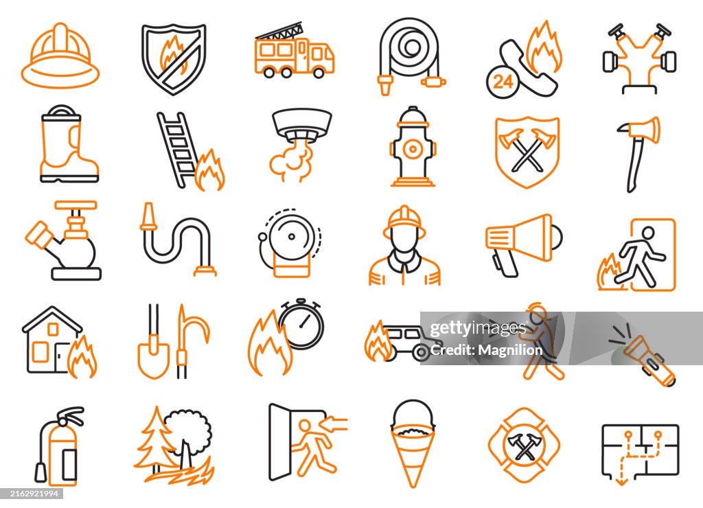Feuerwehr- und Notfallausrüstung Icon Set in Schwarz und Orange mit Helmen, Schläuchen, Hydranten und mehr, bearbeitbarer Schlaganfall, Vektorillustration